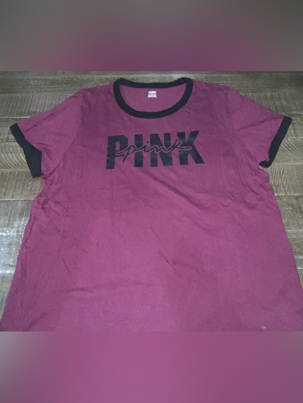 PINK Logo Ringer Tee in Burgundy with Black Trim